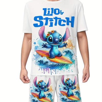 TEMU Licensed Stitch Graffiti Print Men's Summer Pajama Set, Soft And Breathable Fabric, Comfortable Sleepwear, Casual , Ideal Gift For Husband Or Boyfriend Image