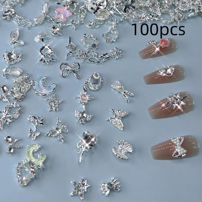 TEMU 100pcs Metal Nail Art Accessories Mixed Set, Alloy Rhinestones With Designs Including Flowers, Butterflies, Hearts, And Stars Image