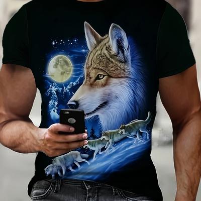 TEMU Men's 3d Print Wolf And Moon Graphic T-shirt, Casual Short-sleeve Summer Outdoor Wear. Image