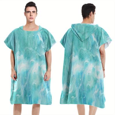 TEMU 1pc Teal & Blue Marble Microfiber Hooded Bath Towel - Soft, Quick-dry, Lightweight Beach Wrap For Swimming, Travel, And Holiday Gifts, Beach Towel Image
