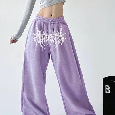 TEMU Women's Casual Hip-hop Print Loose-fit Straight-leg Pants - Elastic Drawstring Waist, Vibrant Purple With White Graffiti Design, Comfortable Winter Sportswear Image