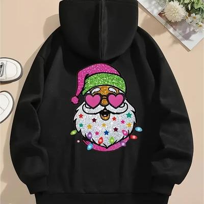 TEMU Women's Christmas Santa Hoodie, Festive Knit Pullover With Drawstring, Casual Winter & Autumn Fashion Sweatshirt, Polyester Material, Hooded, Image