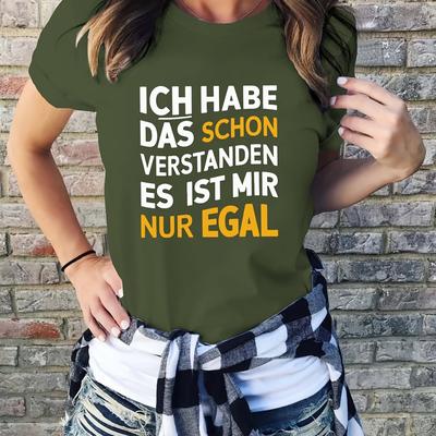 TEMU Women's Casual Short-sleeve T-shirt With Unique German Text Graphic Print - , Summer & Spring Essential, Machine Washable Image