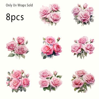 TEMU 8pcs Vibrant Watercolor Rose Uv Dtf Cup Stickers , Scratch-resistant Self-adhesive Decals For Ceramic, Glass, Metal - Ideal For Diy Crafts, Bottles, Notebooks - With Pink Roses & Green Leave Image