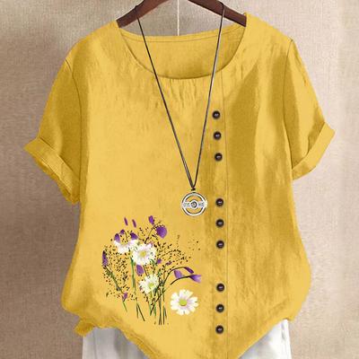 TEMU Women's Casual Floral Print Short Sleeve Blouse With Button-up Garden Collar, Lightweight Polyester, Versatile Wear Image