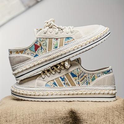 TEMU Men's Slip-on Canvas Sneakers With Geometric Pattern - Breathable Low-top Casual Shoes, Eva Cushioned Sole For Outdoor & Vacation Wear, Unisex Design Image