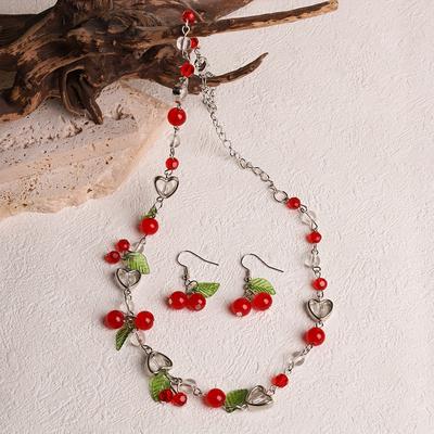 TEMU 1 Set Women's Jewelry Set Necklace And Earrings Bohemian Style Red Beads Suitable For New Year Gift Image