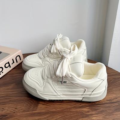 TEMU Women's Retro Low-top Skateboard Sneakers, Casual Lace-up Shoes With Breathable Fabric Lining And Rubber Sole, Durable Footwear In Solid Color, Skate Shoes Image