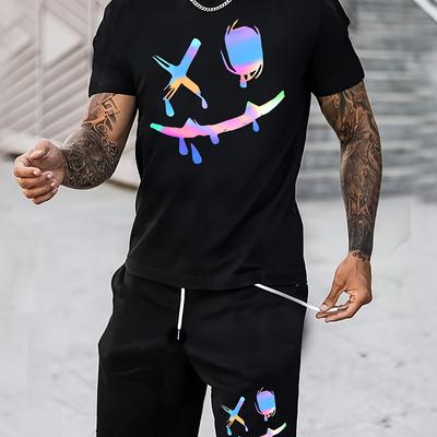 TEMU Men's 100% Cotton Casual Short Sleeve T-shirt With Fashion Graphic Print - Breathable Round Neck Tee For Summer Outdoor Sports, Gym & - Machine Washable Regular Fit Image