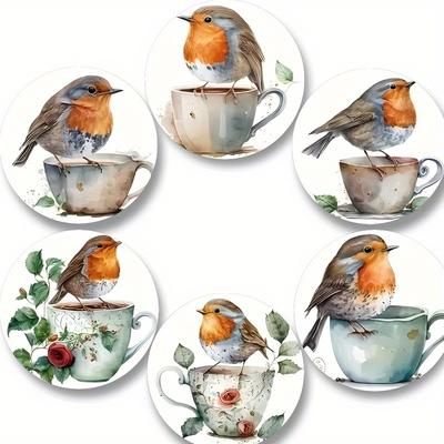 TEMU 6pcs Robin & Wooden Coasters - Heat Resistant, Non-slip Drink Mats For Home , Ideal For Tea And Coffee Enthusiasts, Table Protection | Whimsical Design | Heat Resistant Wood, Coffee Bar Mat Image