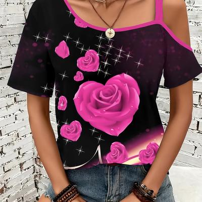 TEMU Women' Off-shoulder Top With Pink Rose And Heart Print - Casual, For Summer, , Date, And Vacation, Versatile Fashion Tee, Vacation Essentials| Fashion|artistic Print Image