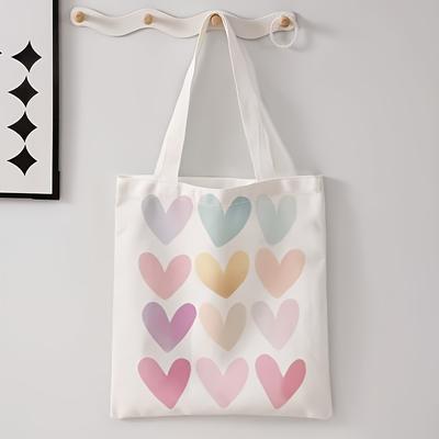 TEMU Women' Cartoon Heart Pattern Tote Bag - Reusable High-quality Shoulder Bag With & , Durable Beige Casual Handbag For Shopping, Beach, Picnic & Daily Use, Simple Unlined Interior Image