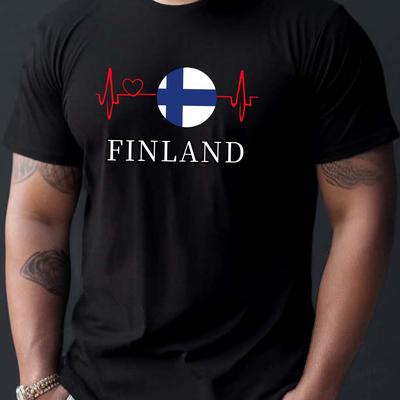 TEMU Finland Heartbeat Graphic Print Men's T-shirt - Polyester Crew Neck Casual Tee With Slight Stretch - Geometric Pattern Knit Fabric Short Sleeve Shirt For Summer Image
