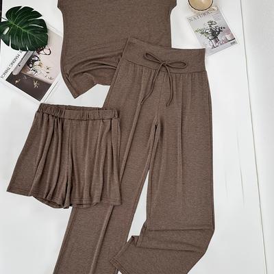 TEMU European And Simple V-neck T-shirt With Long Pants And Shorts, Multi-piece Set A45+a55+a56 Image