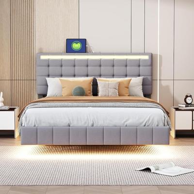 TEMU 140x200 Double Bed Floating Bed With Slatted Frame, Flat-lying Guest Bed -friendly Linen Fabric (grey) Image