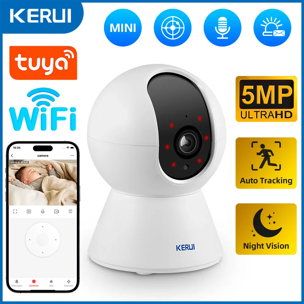 KERUI 5MP IP Camera Indoor Tuya Smart Home WiFi Security Mini Camera Auto Tracking Video Surveillance Camera CCTV Baby Monitor