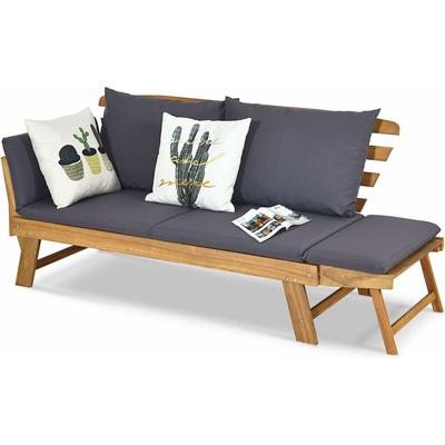 GOPLUS Gartenbank mit Kissen, Akazienholz-Gartenliege mit Verstellbarer Armlehne & Abnehmbaren Image