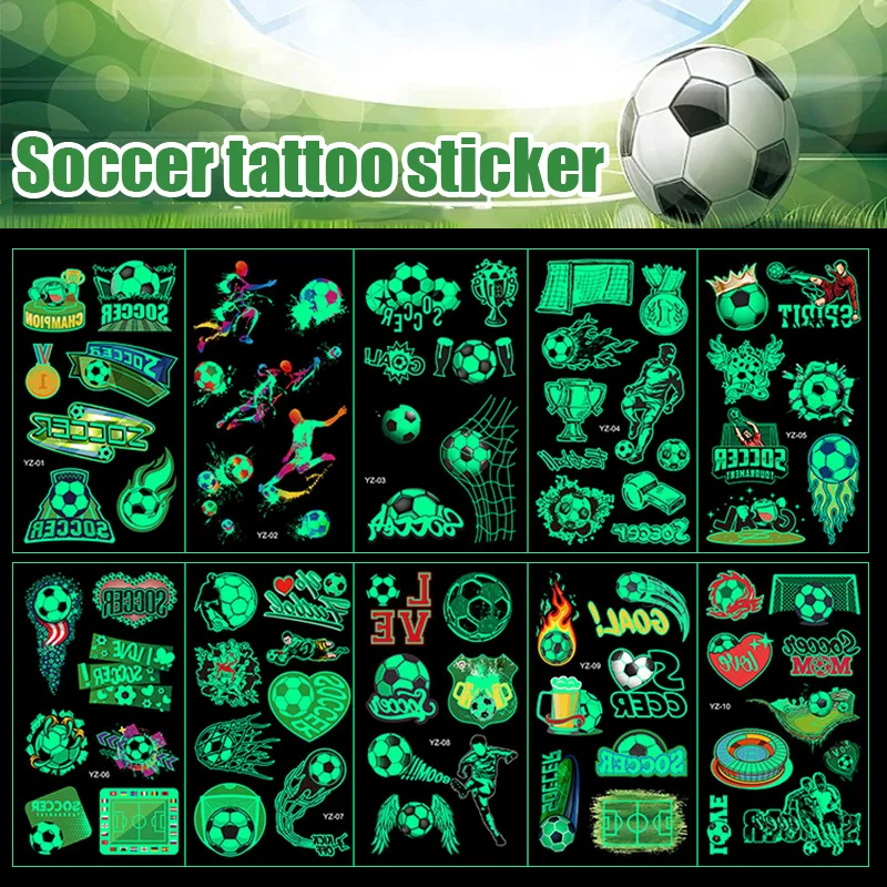 10 Stück Fußball-Party, leuchtende Tattoo-Aufkleber, Kinder, Sport, Fußball, Thema, Geburtstag, Party, Dekoration, Zubehör, Geschenk für Gäste Image