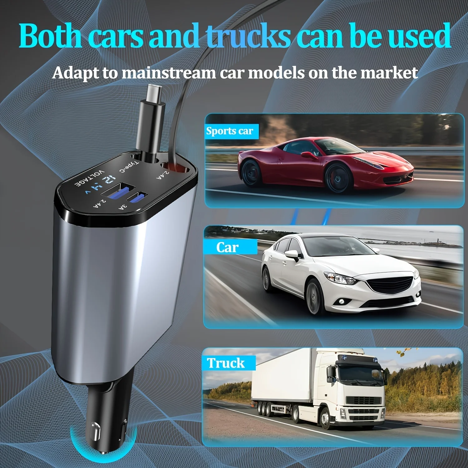 120 W einziehbares Autoladegerät, 4-in-1, schnelles Autotelefon-Ladegerät, 2 einziehbare Kabel, USB-Autoladegerät für iPhone, Samsung, Xiaomi, iPad Image