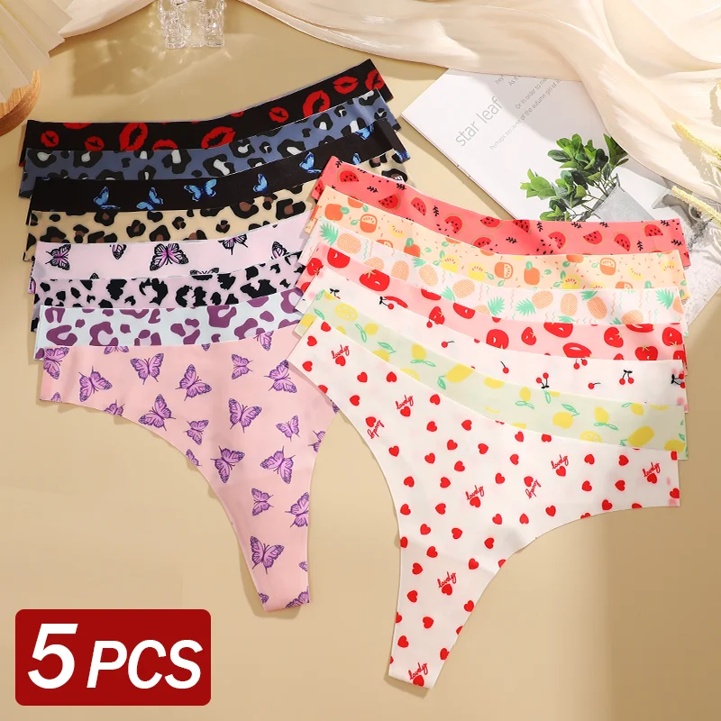 5Pcs Frauen G-string Nahtlose Süße Frucht Thongs Low-taille Höschen Damen Weiche Nette Thongs Weibliche S-XL T-zurück Höschen Unterwäsche Image