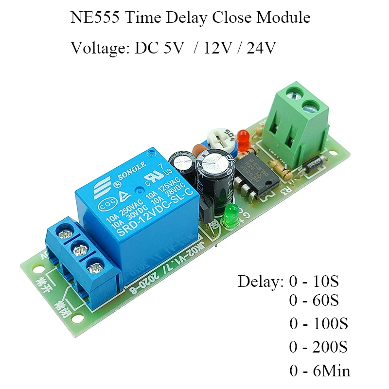 Zeitverzögerungsrelaismodul 5V 12V 24V Triggle Delay Monostabiles Relaismodul Einstellbar 10s 60s 100S 200S Verzögerungstimer Schließen Schalter Image