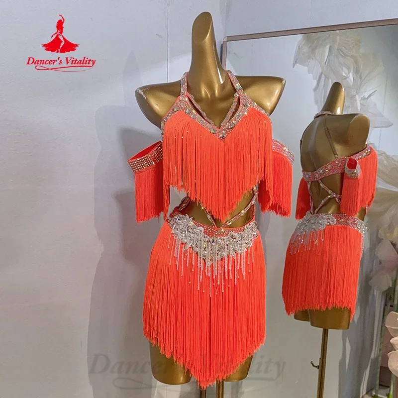 Anpassung der lateinamerikanischen Tanzkostüme Senior AB Stones Fransenkleid für Erwachsene und Kinder Tango ChaCha Samba Wettbewerbskleider Image