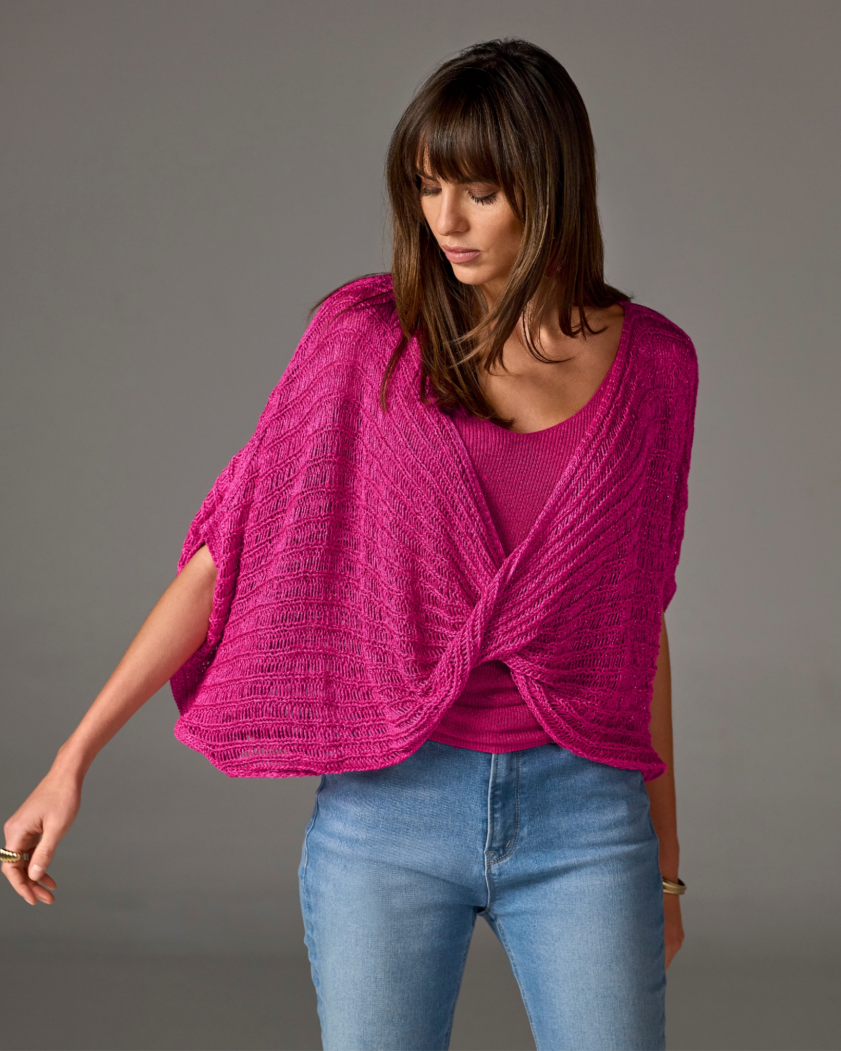 Boston Proper - Blossom Pink - Metallic Twist Sweater Poncho - Small/Medium