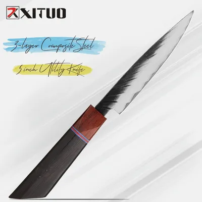 XITUO 5" Utility Knife, Japanese Tomato Knife, Sharp 3 Layer High Carbon Steel Kitchen Fruit knife