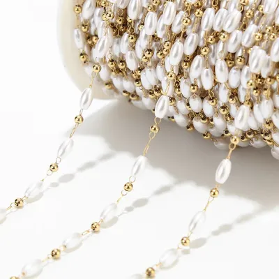 1 Meter Stainless Steel Artificial Pearl Chain Handmade Gold Beaded Rosary Chains for Jewelry Making