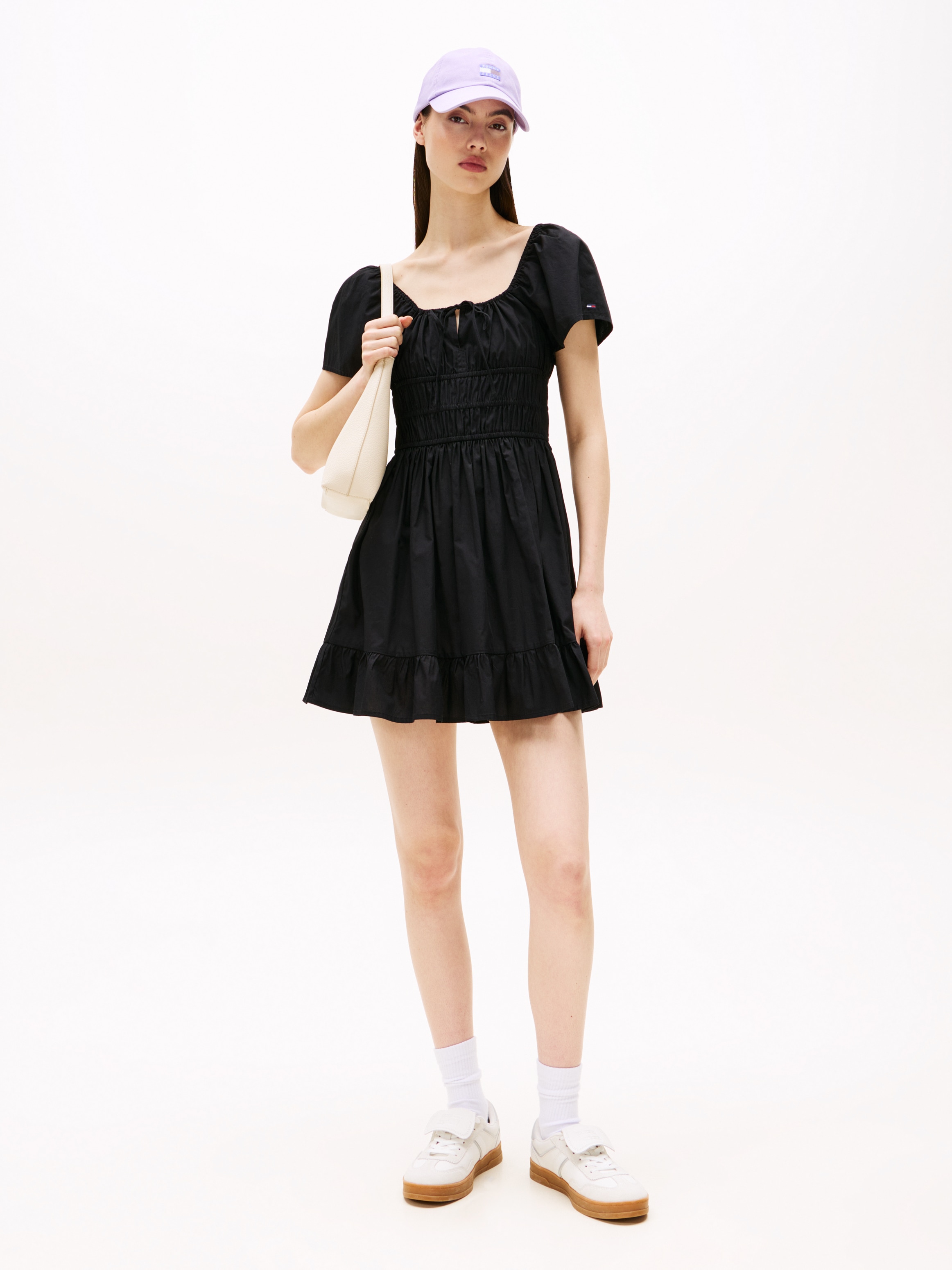 Minikleid TOMMY JEANS "TJW ROUCHE MINI POPLIN DRESS EXT", Damen, Gr. S (36), N-Gr, schwarz, Web, Obermaterial: 100% Baumwolle, unifarben, figurbetont kurz, eckiger Ausschnitt, Kleider Image