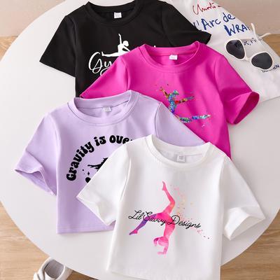 TEMU Girls' Fashion Gymnastics & Dance T-shirt, Soft And Stretchy Round Neck Short Sleeve T, 's Summer Top, Crop T-shirt Set Of 4 Image