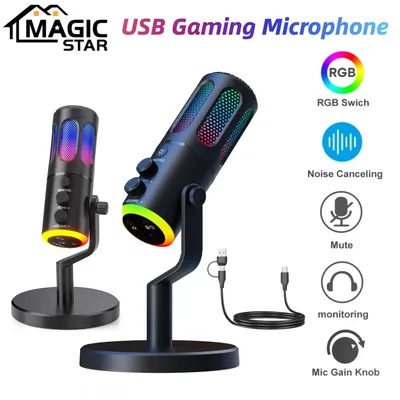 USB Desktop Noise Cancelling Gaming Microphone, Noise Cancelling Condenser Computer Microphone with RGB Lights for Mac, Podcast