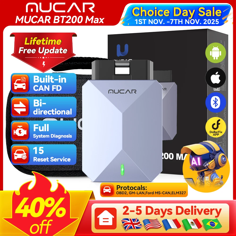 MUCAR BT200 Max OBD2-Scanner Bluetooth, CAN FD All System Diagnostic Tool Bidirektionaler Aktuator15 Lebenslanges kostenloses Update zurückgesetzt Image