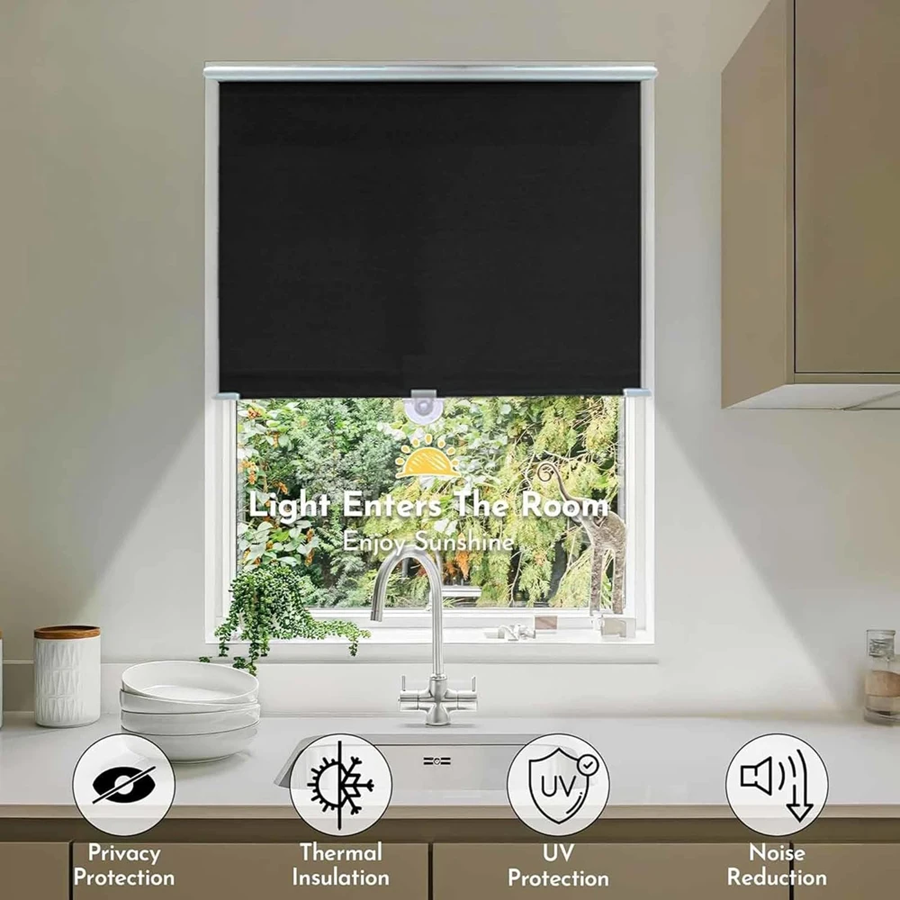 1 Stück kabellose einziehbare Rollos, schwarz, für Zuhause, Büro, Fenster, Sonnenschutz, Thermo-Jalousien ohne Bohren, Verdunkelungsvorhang