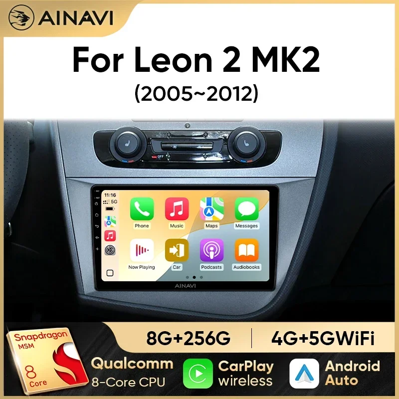Ainavi Autoradio für SEAT Leon 2 MK2 2005–2012 Android 13 Stereo-Auto-Multimedia-Player Drahtloses Carplay Android Auto 4G 2 DIN Image