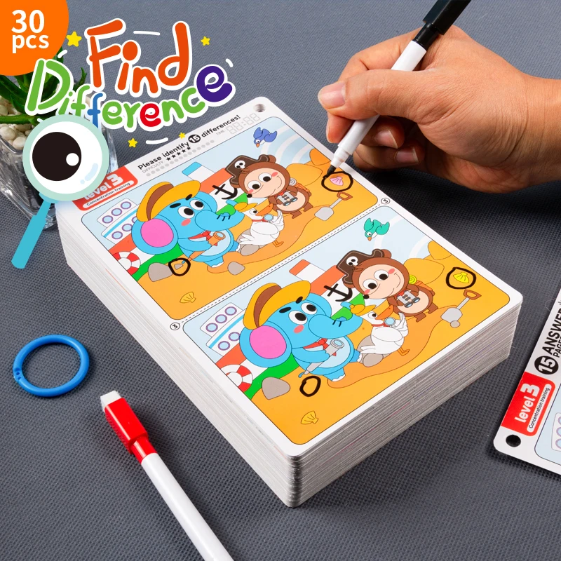 Drei Sets von Unterschiedsuchspielen zur Konzentrationssteigerung, 10 Karten/Set, interaktives, unterhaltsames Lernspielzeug für Kinder, Denkspiele, Partygeschenke, abwischbar und wiederverwendbar Image