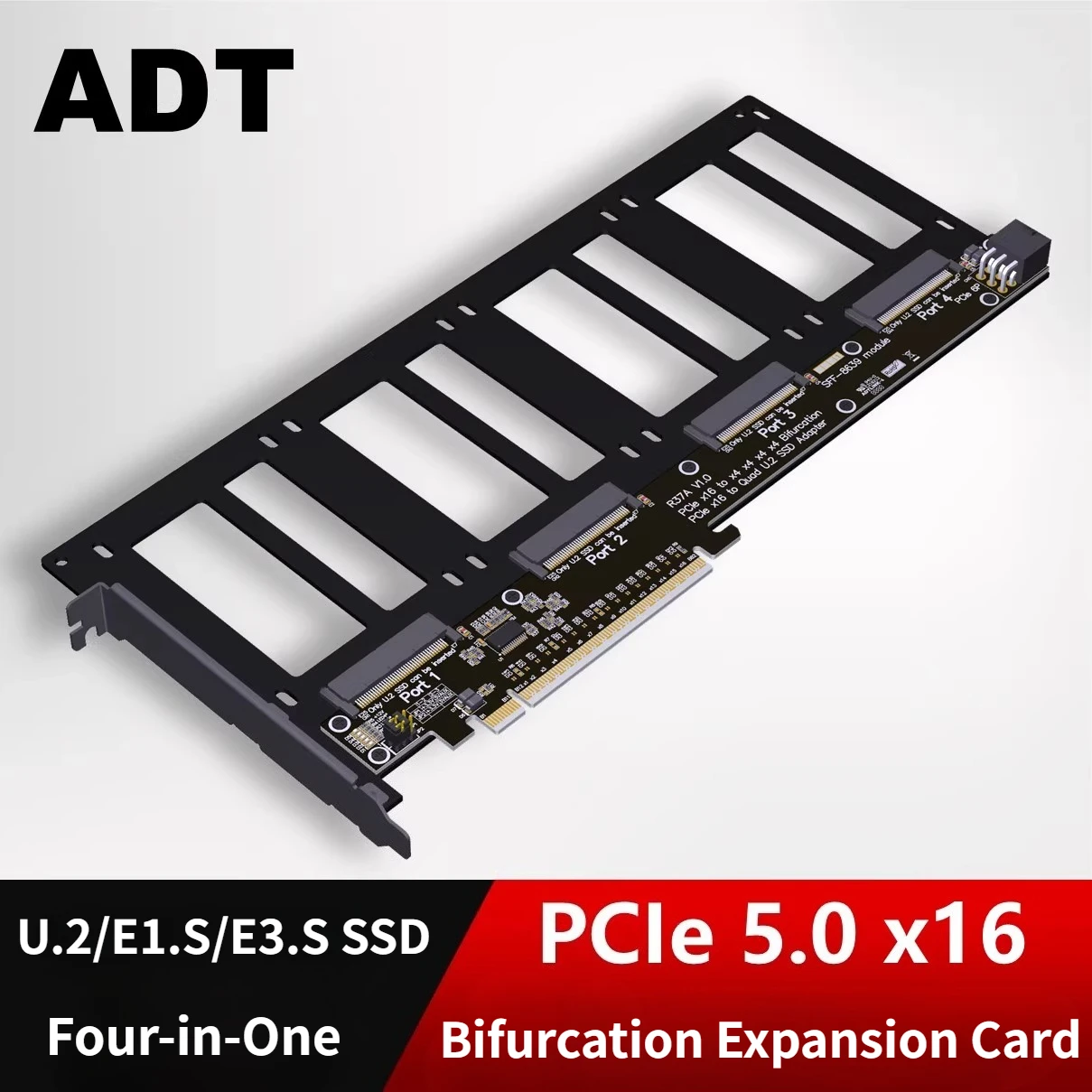 PCIe5.0 x16 auf 4-Port Bifurkation Splitter Adapterkarte GEN5 für U.2 SSD/EDSFF E1.S/E3.S Festplatte Split Erweiterungskarte GPU Dock Image