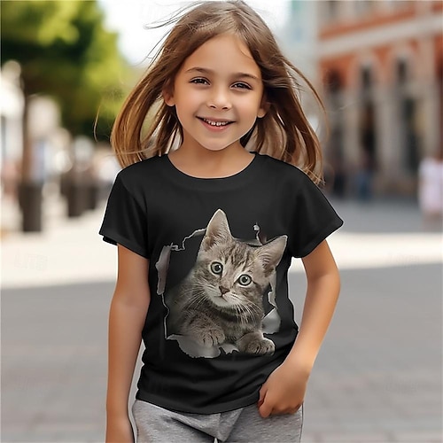 Mädchen 3D Katze T-Shirt Kurzarm Sommer Frühling Mode Basic Kinder 4-12 Jahre Rundhalsausschnitt Outdoor Lässig Täglich Normale Passform Image