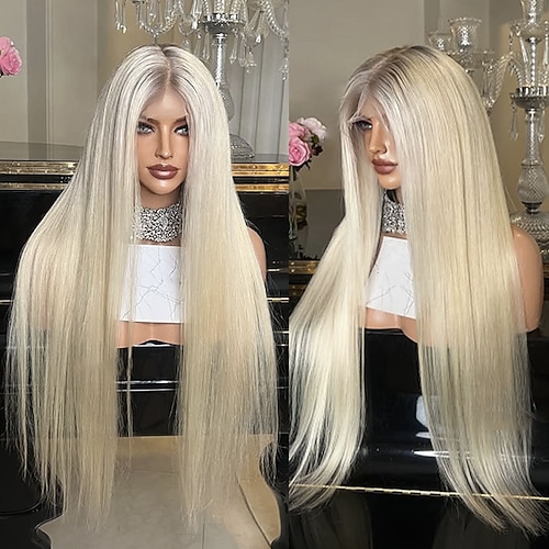 brasilianisches Haar Ombre Remy Echthaar Aschblond 5x5 Verschlussperücken Glatt 13x4 Lace Front Perücke mit Babyhaar 100% Echthaar klebefreie Perücken vorgezupft für Frauen Image