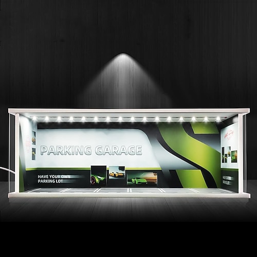 1:64 Modellauto-Vitrine, Druckguss-Diorama-Garage, simuliertes Parkplatzmodell, Miniaturszene, Parkplatz-PVC-Baugruppe mit beleuchtetem Parkplatzmodell-Vitrine, Spielzeug-Vitrine