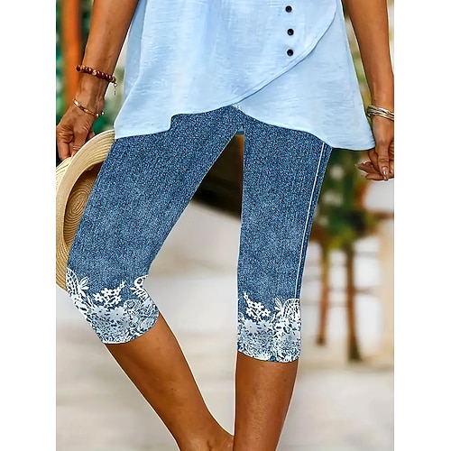 Damen Leggings Capri Hosen hohe Elastizität Urlaub Mode Hawaiianische Knielänge mittlere Taille floraler Grafikdruck atmungsaktiv weich Urlaub lässig täglich hellblau Sommer Frühling reguläre Passform Image