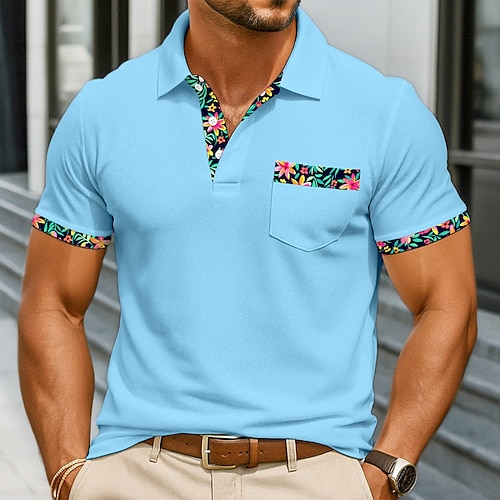 Herren Poloshirts Golfshirt Lässig Sport Klassisch Kurzarm Mode Cool Farbblock Knöpfe Sommer Frühling Herbst Normale Passform Orange Grün Leicht Blau Poloshirts Image