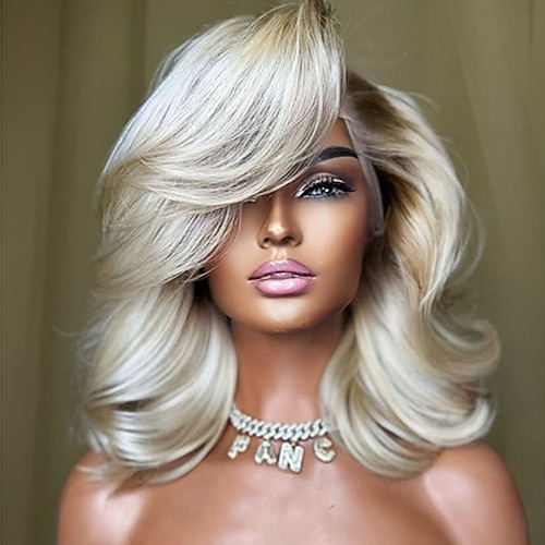 Ombre-Aschblond, Remy-Menschenhaar, 5 x 5 Verschlussperücken, kurzer Bob, 13 x 4 Spitzenfrontperücke, brasilianisches Haar, gewelltes Haar, natürlicher Haaransatz, 100 % jungfräuliche, klebefreie Image