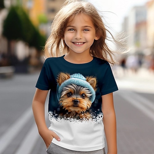 Mädchen 3D Hund T-Shirt Kurzarm Sommer Frühling Mode Basic Kinder 4-12 Jahre Rundhalsausschnitt Outdoor Lässig Täglich Normale Passform Image