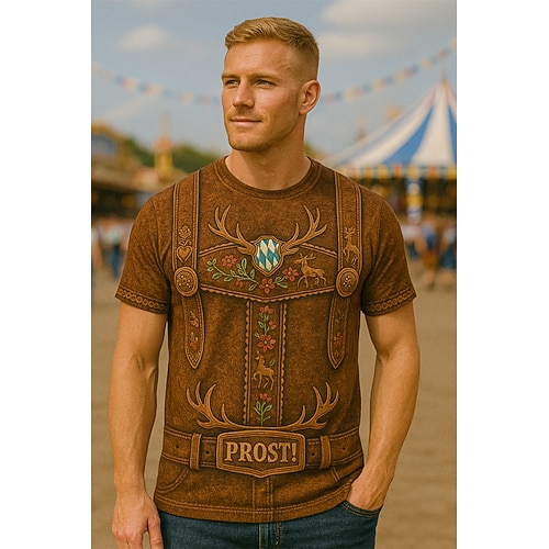 Bayerisch München Deutsch T-Shirt Ärmel T-Shirt Hirsch Lederhosen-Print Grafik für Herren Erwachsene 3D-Druck für Oktoberfestbier Festival Image