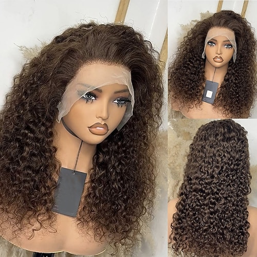 Remy Echthaar 5x5 Verschluss 13x4 Spitzenfront Perücke Freier Scheitel Brasilianisches Haar Lockig Kastanienbraun Perücke 130% 150% Haardichte 100% Unbehandelt Kleberfrei Vorgerupft Für Damen Lang Image