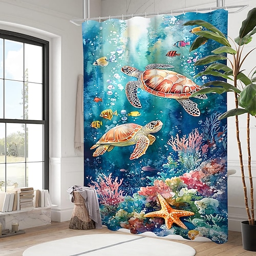 Duschvorhang mit Haken 200 cm hoch duschvorhang waschbar wasserdicht für das Badezimmer maschinenwaschbarer Badezimmerdekor Set Polyester 12er Pack Kunststoffhaken Ozean Tier Schildkröte Image