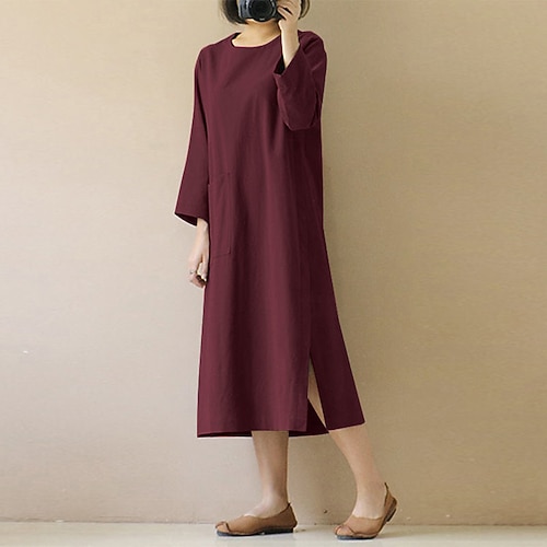 Damen Midikleid Baumwoll-Leinen-Kleider Freizeitkleid Mode Outdoor Party Ferien Normale Passform Einfach Langarm Rundhalsausschnitt Schwarz Wein Khaki Sommer Image
