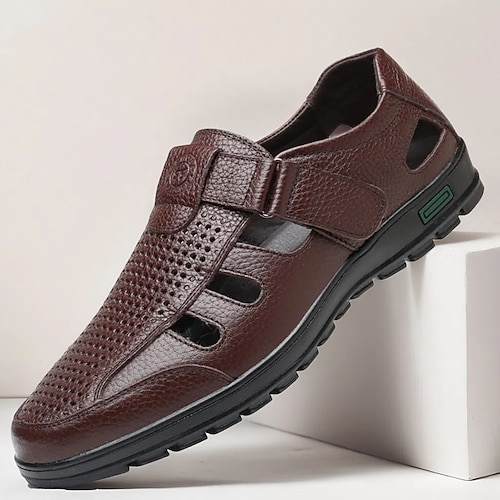 Herren Sandalen Spaziergang Lässig PU Leder Atmungsaktiv Bequem Rutschfest Schnalle Schwarz Braun Sommer Frühling Herbst