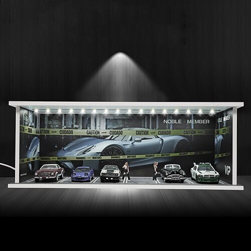 1:64 Modellauto-Vitrine, Druckguss-Diorama-Garage, simuliertes Parkplatzmodell, Miniaturszene, Parkplatz-PVC-Baugruppe mit beleuchtetem Parkplatzmodell-Vitrine, Spielzeug-Vitrine